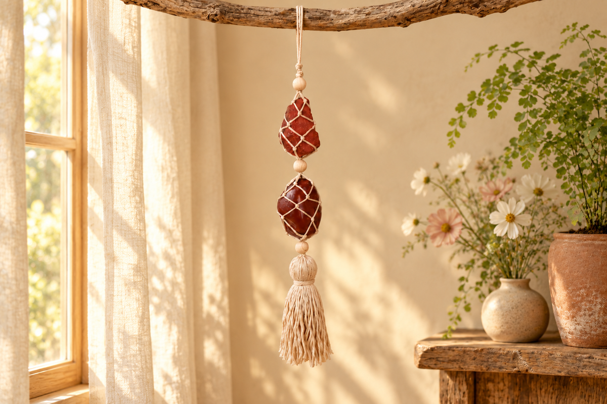 Macramé Raamhanger Geworteld – Rode Jaspis