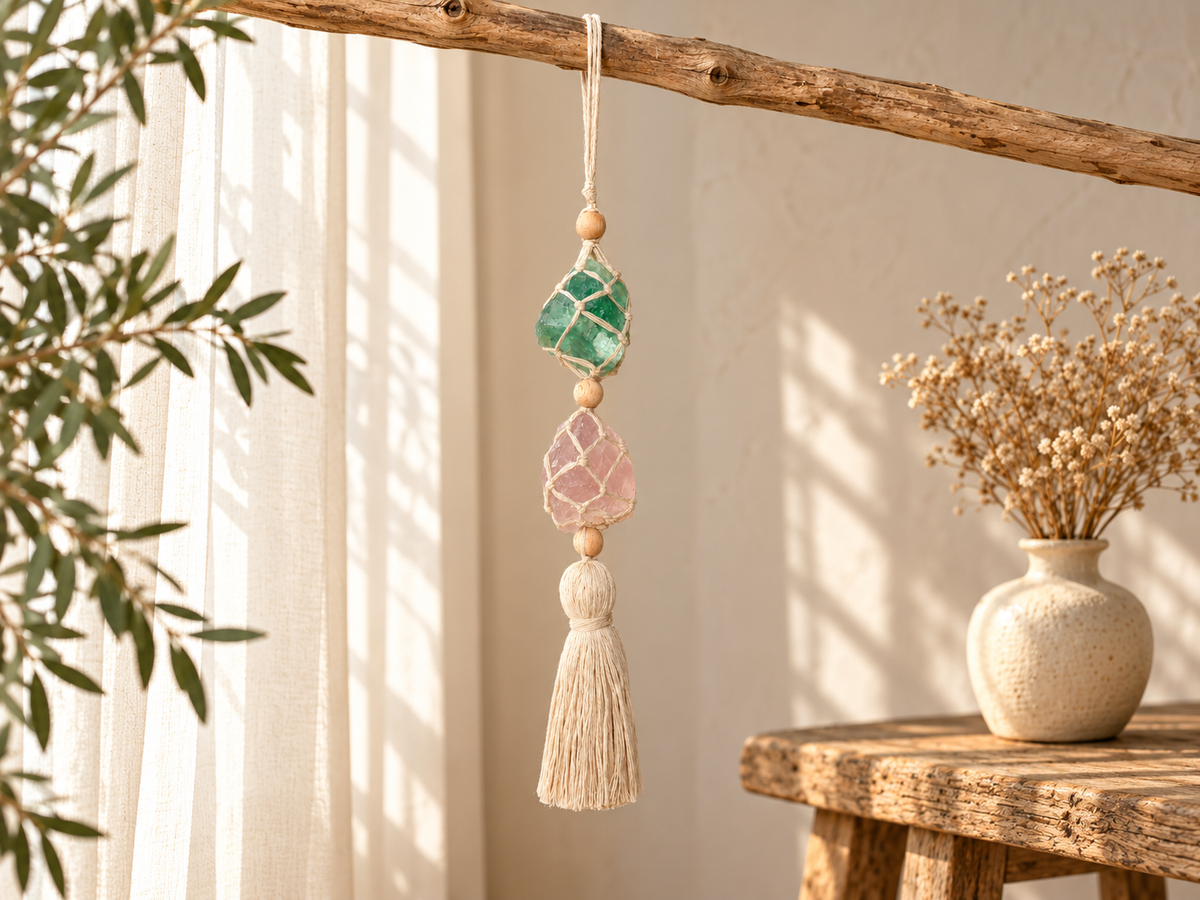 Macramé Raamhanger Helder Hart – Fluoriet & Rozenkwarts