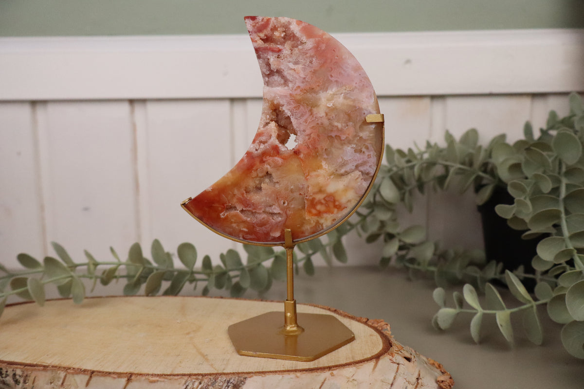 Carneool druzy maan met druzy over het hele vlak, op standaard, 280 gram