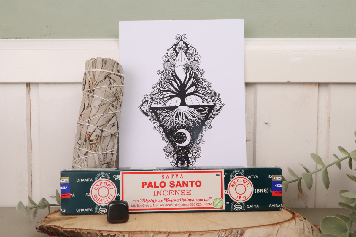 Cadeaupakket Negatieve-Buren-Weerder met hematiet, witte salie, Palo Santo wierook en mandala print