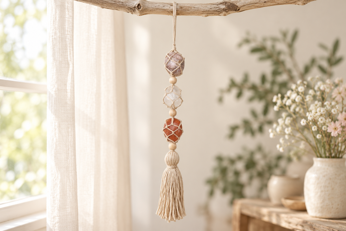 Macramé Raamhanger Maanbloem – Bloemagaat, Bergkristal & Maansteen