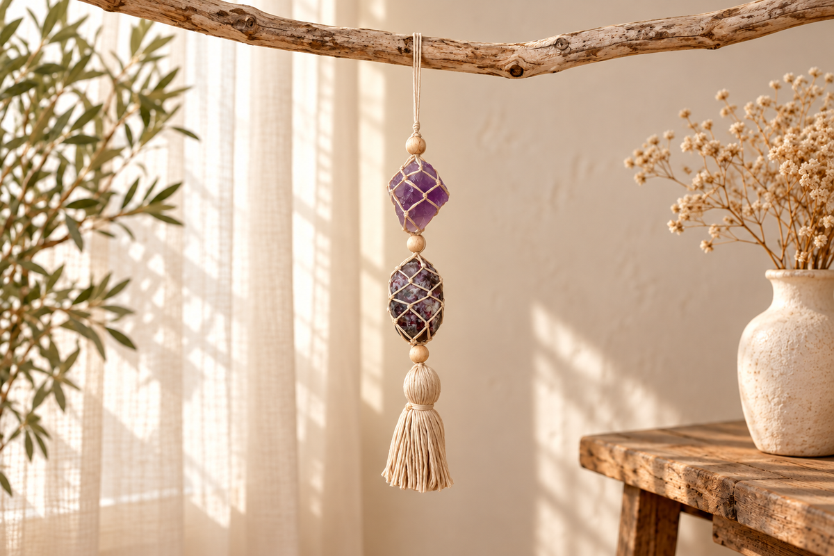 Macramé Raamhanger Innerlijke Magie – Amethist & Merliniet