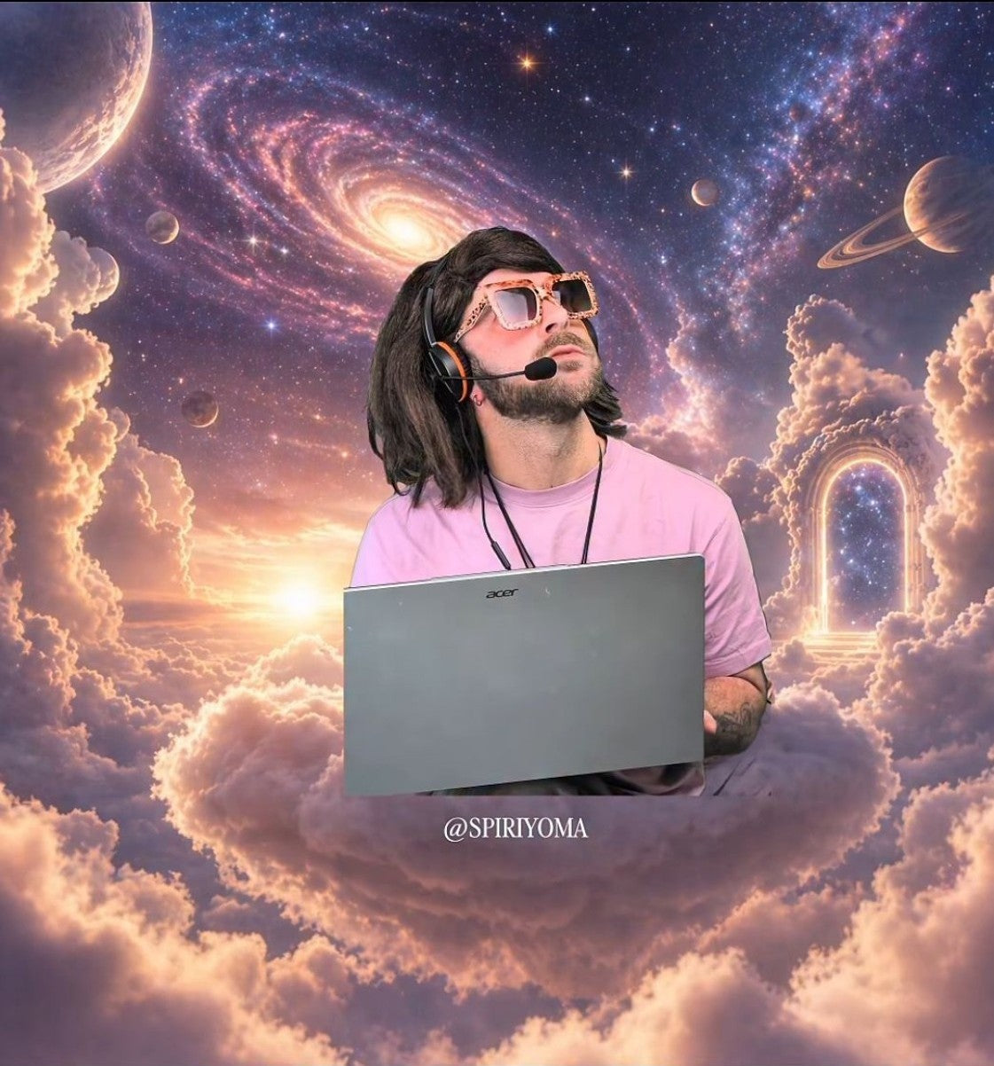 De klantenservice van het universum: een man met headset en laptop op een wolk tussen sterren en planeten