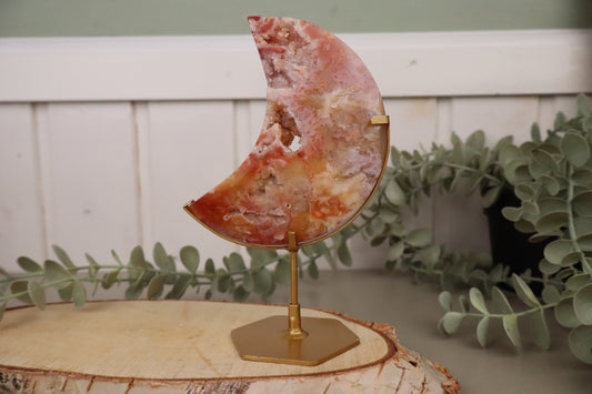 Carneool druzy maan met druzy over het hele vlak, op standaard, 280 gram