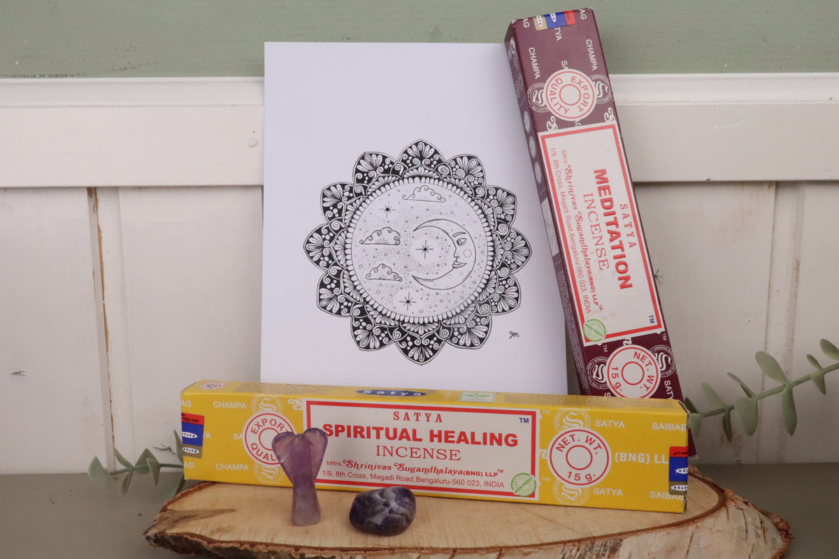 Cadeaupakket EHBO-doosje voor de Ziel met chevron amethist, engeltje, Satya wierook en mandala print