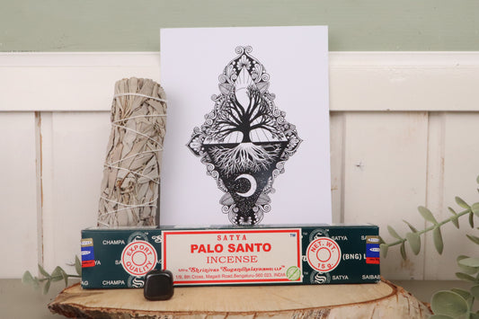 Cadeaupakket Negatieve-Buren-Weerder met hematiet, witte salie, Palo Santo wierook en mandala print