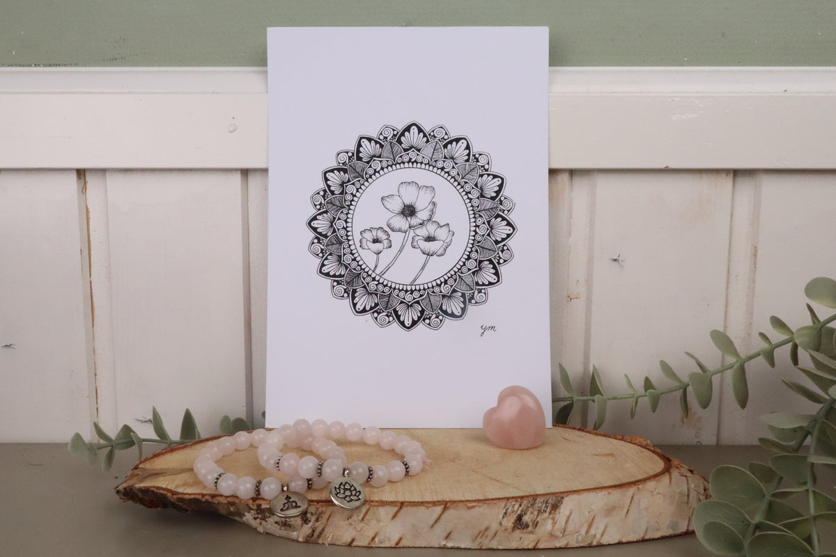 Cadeaupakket Zelfliefde Starterkit met rozenkwarts hart, trommelsteen, armband en mandala print