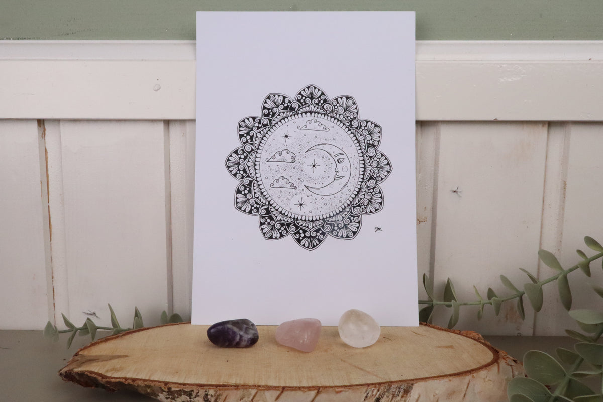 Sint's Stenenzakje met bergkristal, rozenkwarts en chevron amethist trommelstenen en mandala print