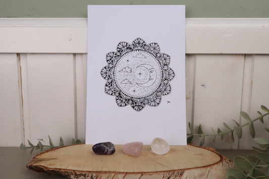 Sint's Stenenzakje met bergkristal, rozenkwarts en chevron amethist trommelstenen en mandala print
